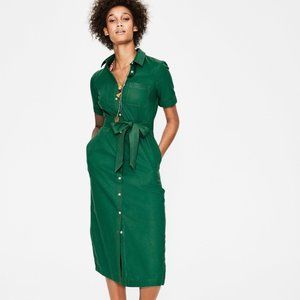 BODEN Tie Waist Shirt Dress in Green Linen Size 10 LONG